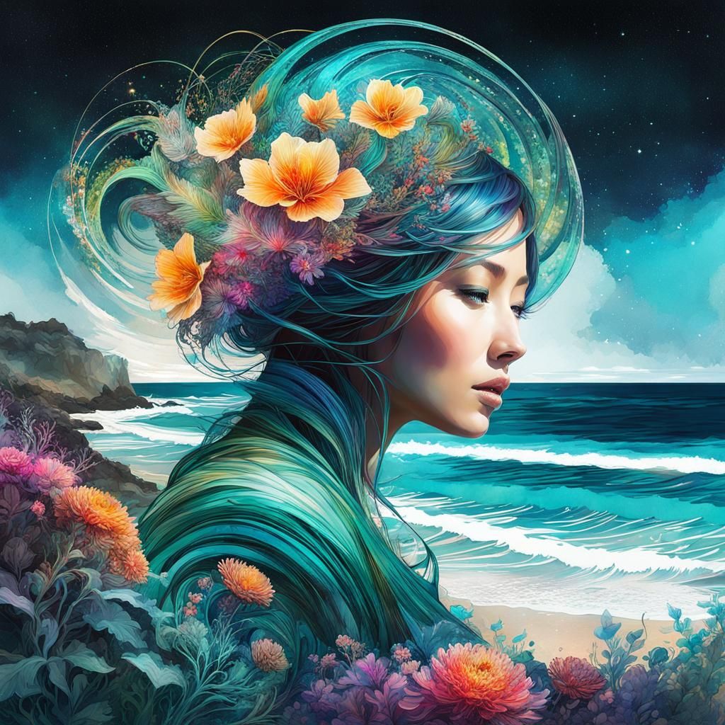 Bioluminescent Flower Double Exposure: Digital Watercolor Ar...