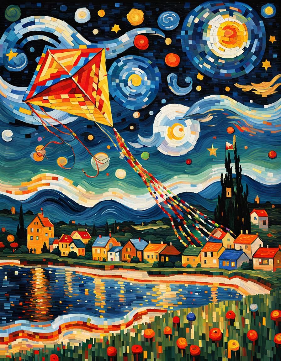 Pixelated Kite Soaring in Starry Night Sky