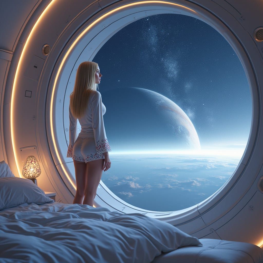 Ethereal Space Goddess in a Drifting Spaceship