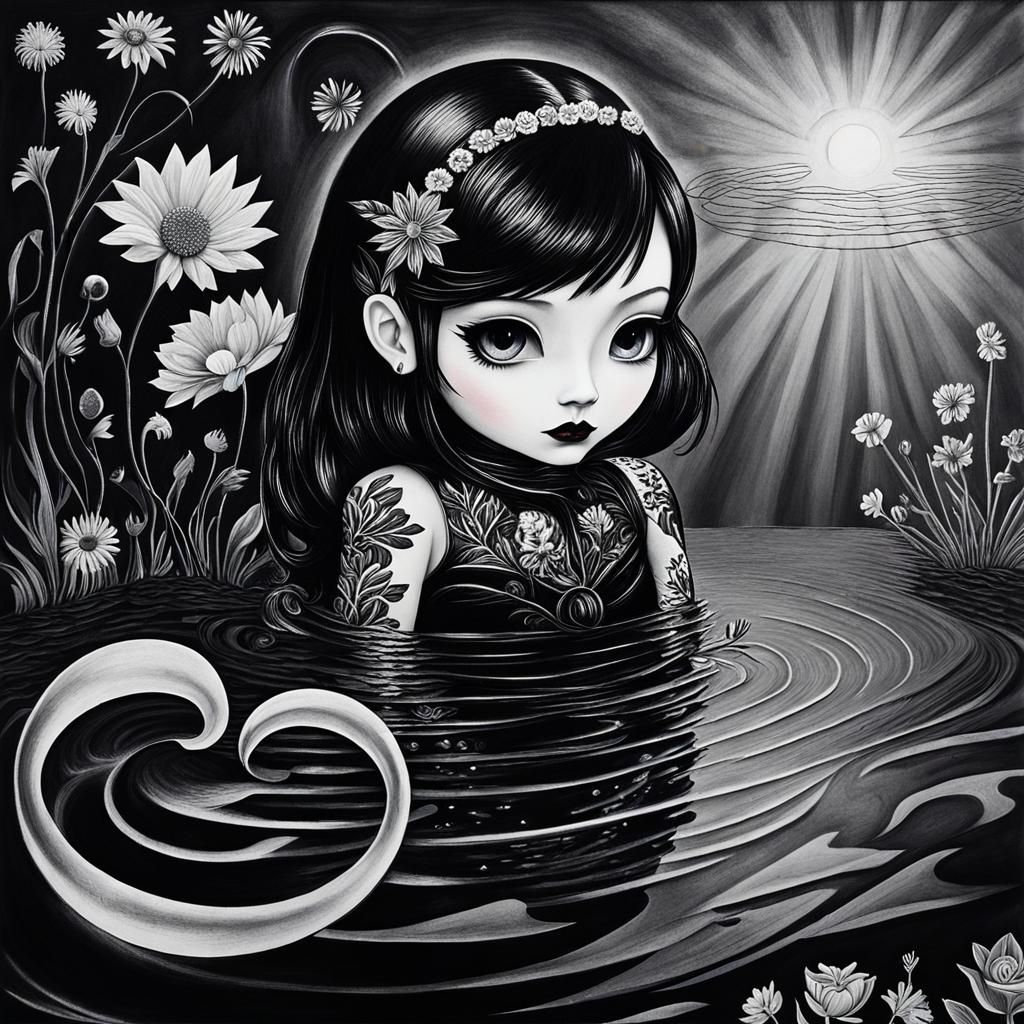 Surreal Crayon Drawing: Goth Woman in Black Water