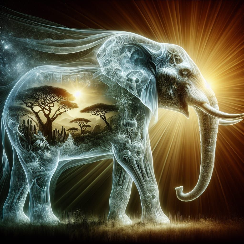 Ethereal Elephant with African Scene, Intense Monochromatic ...