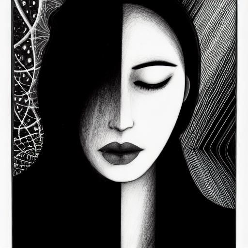 Sad Woman Gazing at Milky Way in Charcoal Drawing