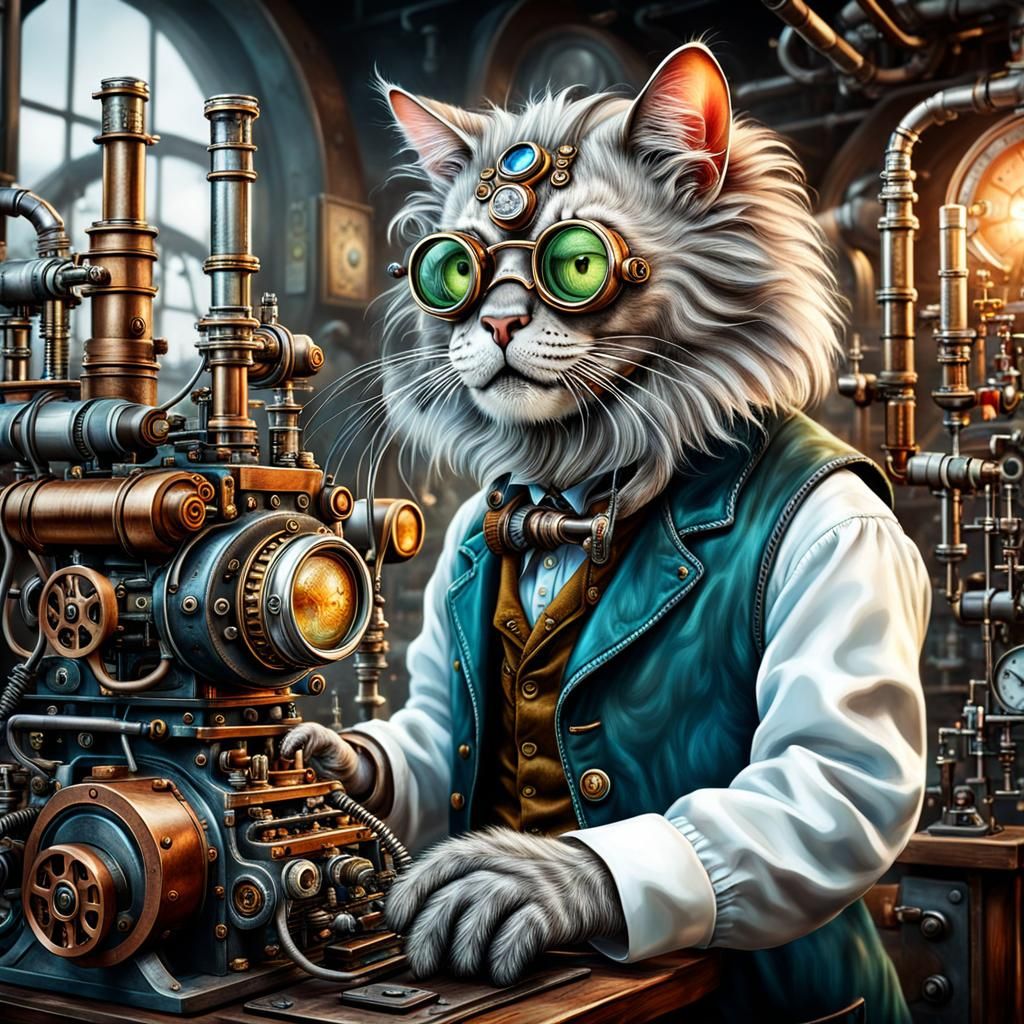 Mad Cat Scientist in Fantasy Lab Portrait