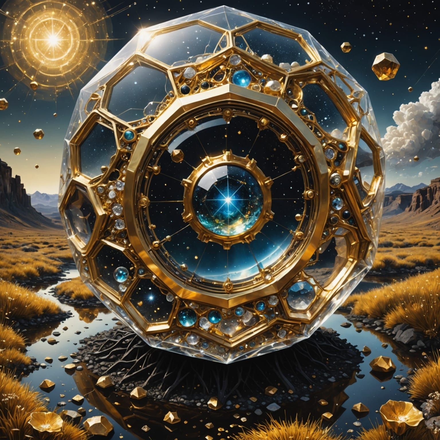 Surreal Golden Landscape in a Hyper-Realistic Oil Painting S...