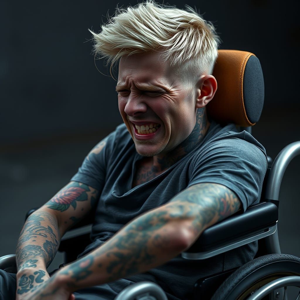Sorrowful Young Man with Vibrant Tattoos in Electric Wheelch...