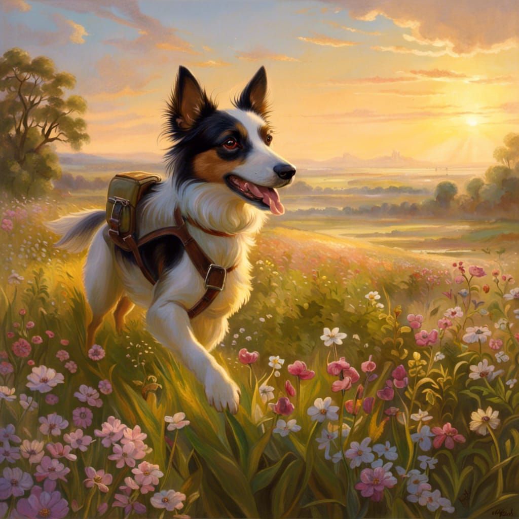 Flying Dog with Rocket Backpack in Meadow