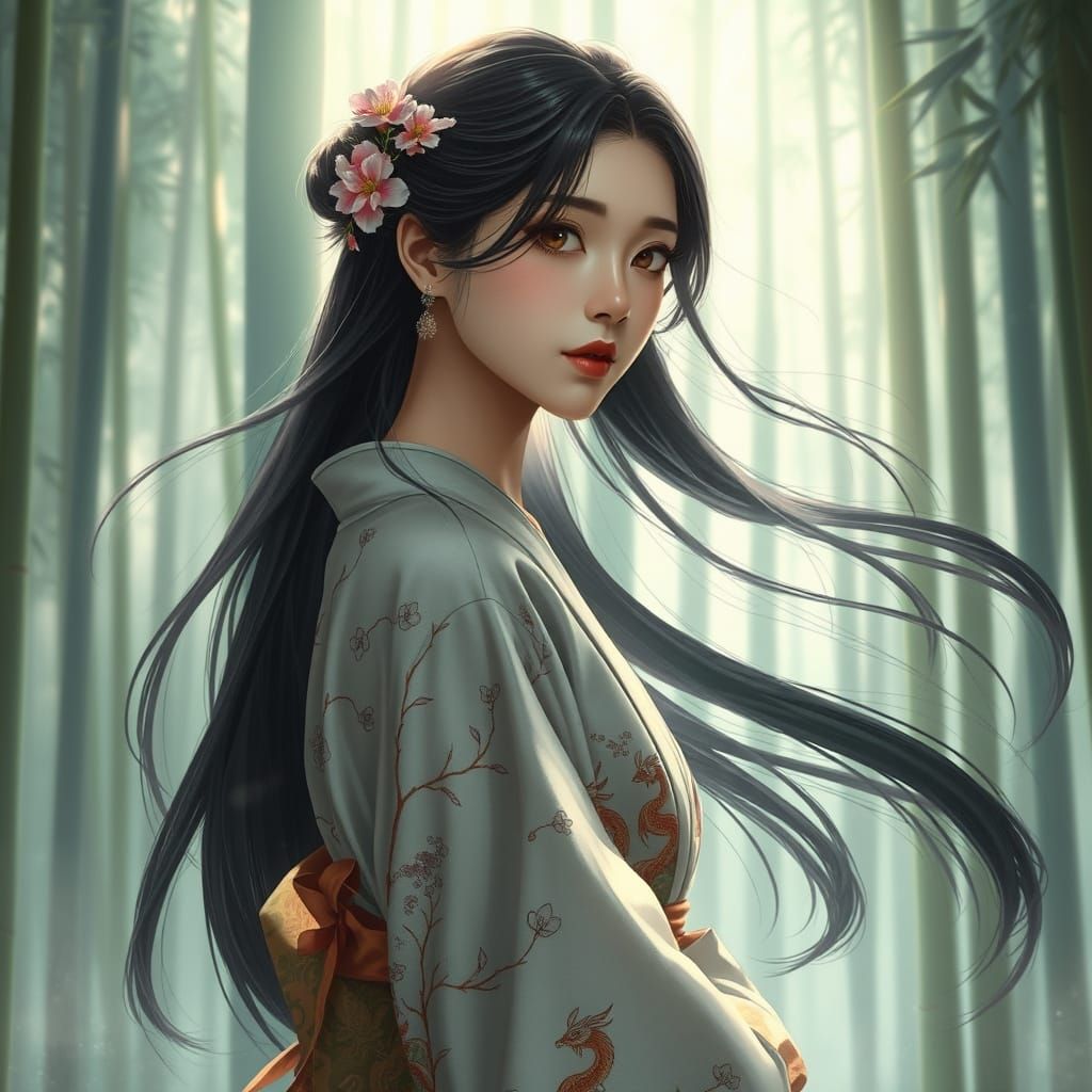 Serene Asian Woman in Misty Bamboo Forest