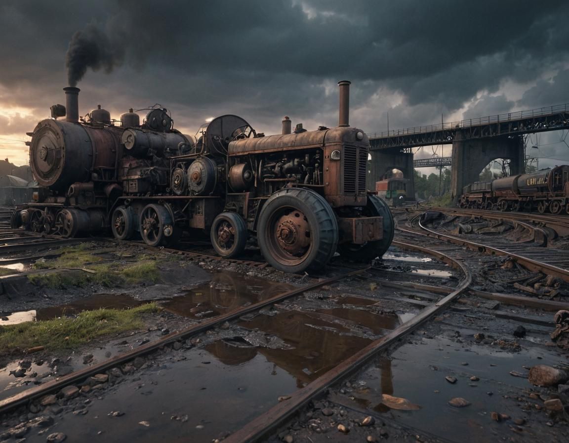 Dieselpunk Railway Bridge with Tractor in Grimdark Setting