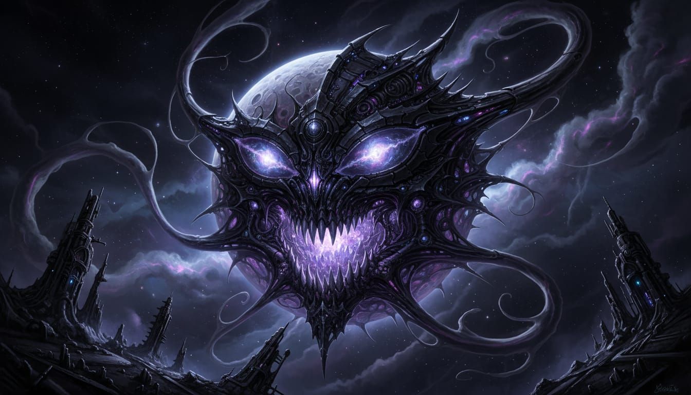 Cosmic Moon with Gaping Maw in Biomechanical Surrealism