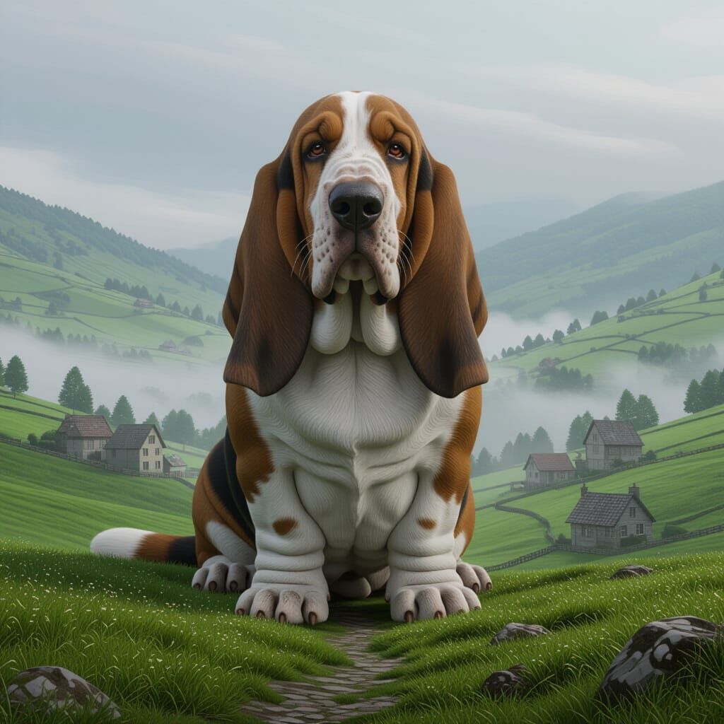 Colossal Basset Hound in Misty Valley, Matte Painting Style