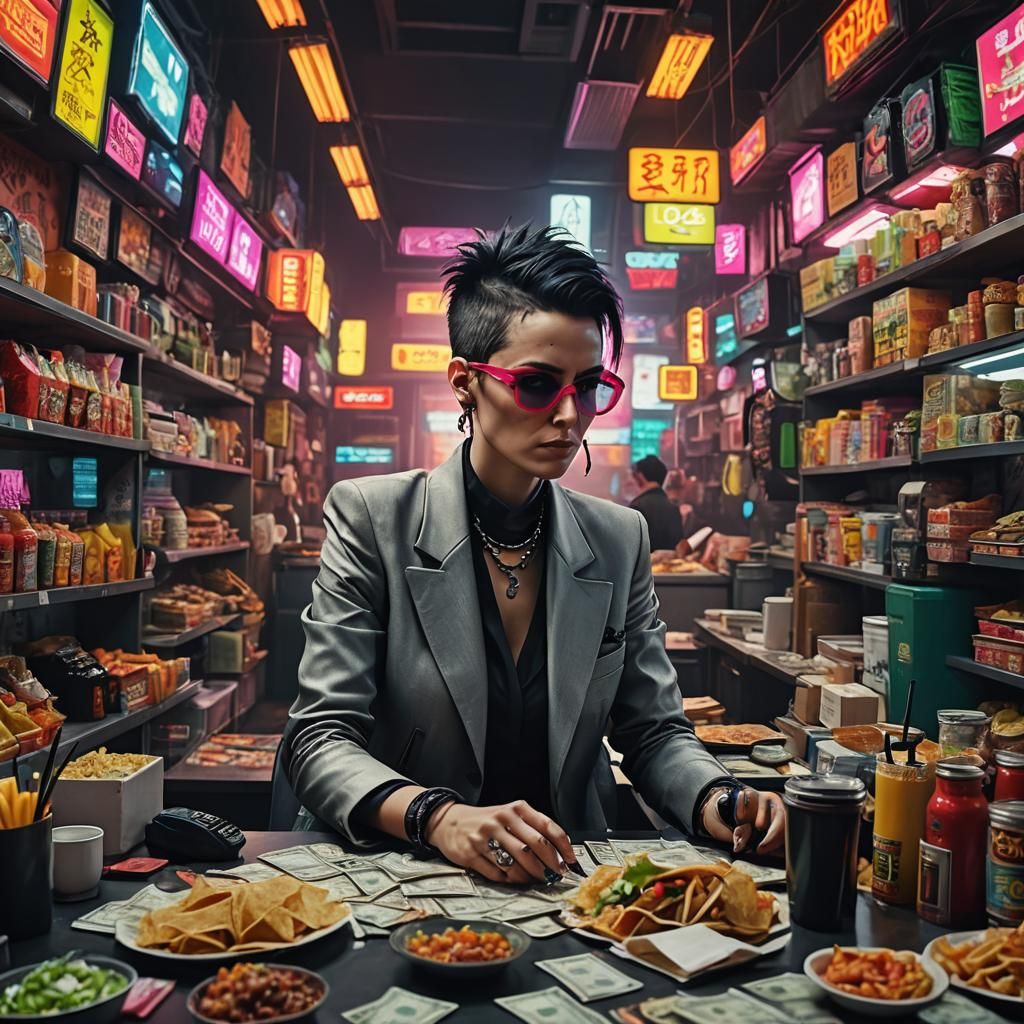 cyberpunk boss millionaire short hair girl, look like lisbet...