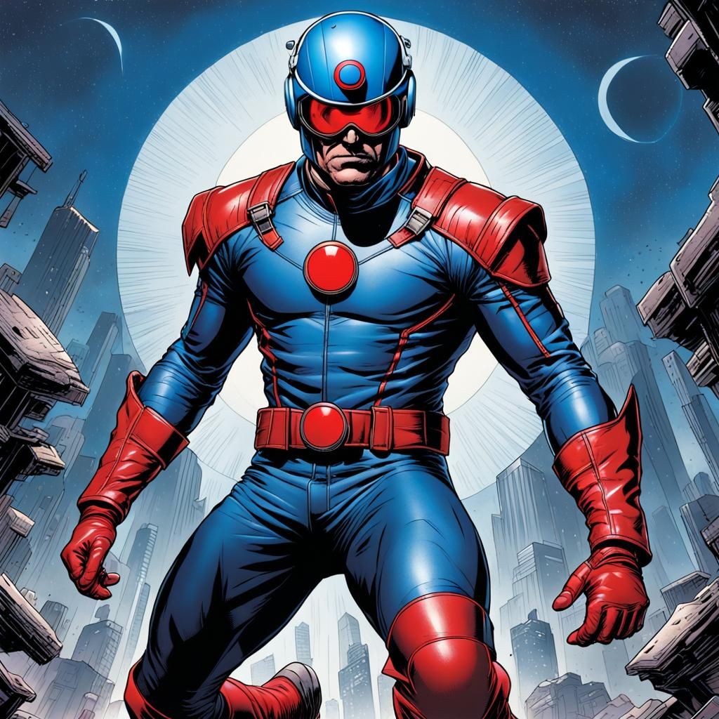 Superhero in Blue Helmet, Comic Book Art