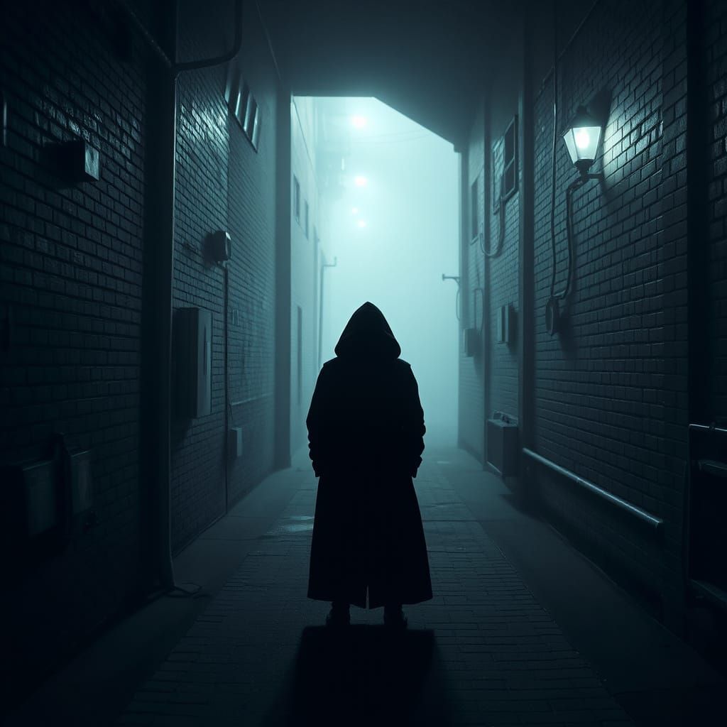 Mysterious Figure in Foggy Alleyway: Noir Futurism