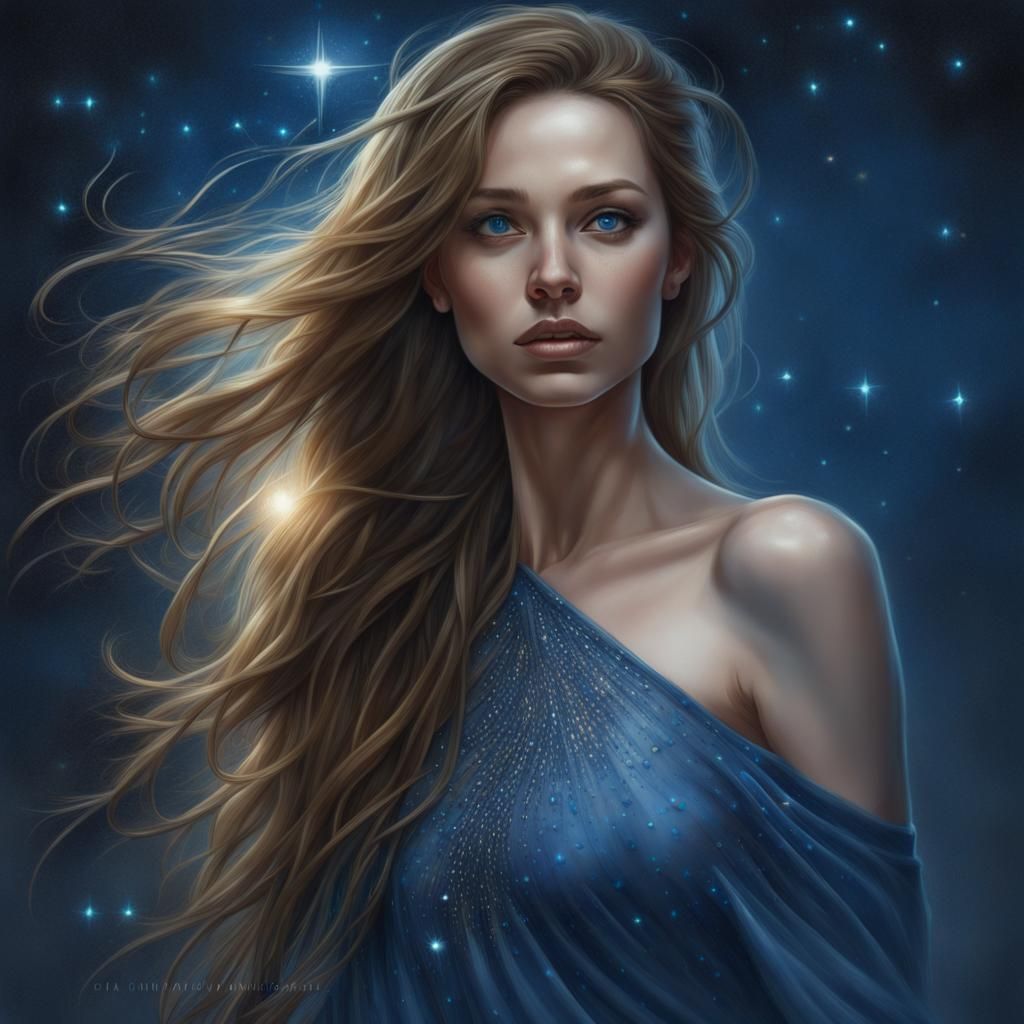 Moonlit Portrait of a Woman in Starlight Dress