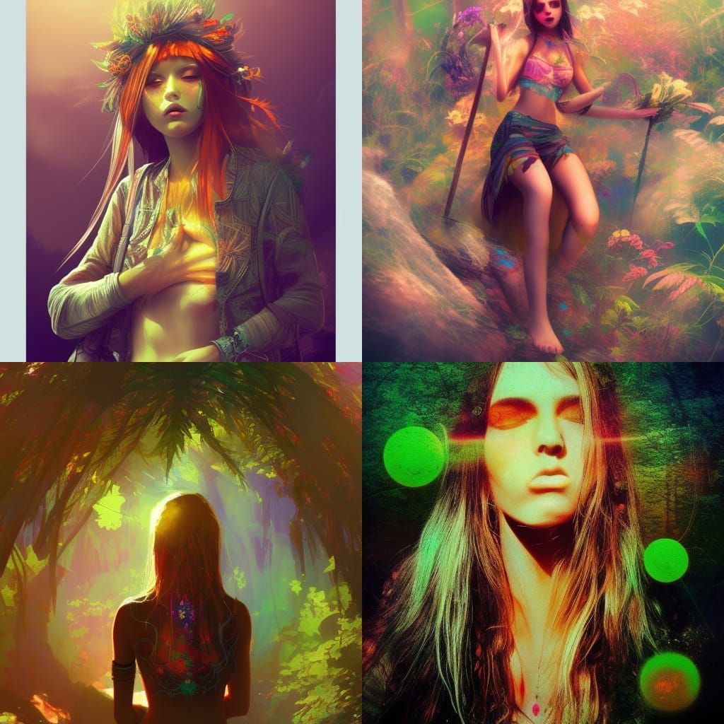 Psychedelic Hippie Girl Smoking Weed, Detailed Digital Art