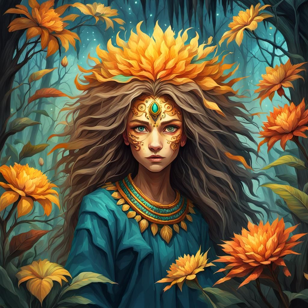 Lion-Eyed Girl in Mystical Foliage: Oil Painting