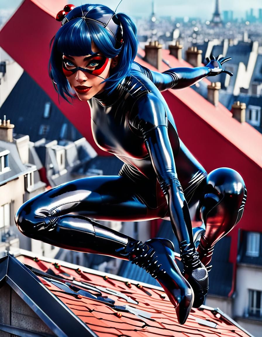 Cyberpunk Ladybug Catsuit Jumps Over Paris Roofs
