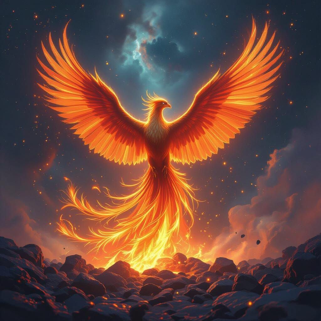 Iridescent Phoenix Rising from Embers