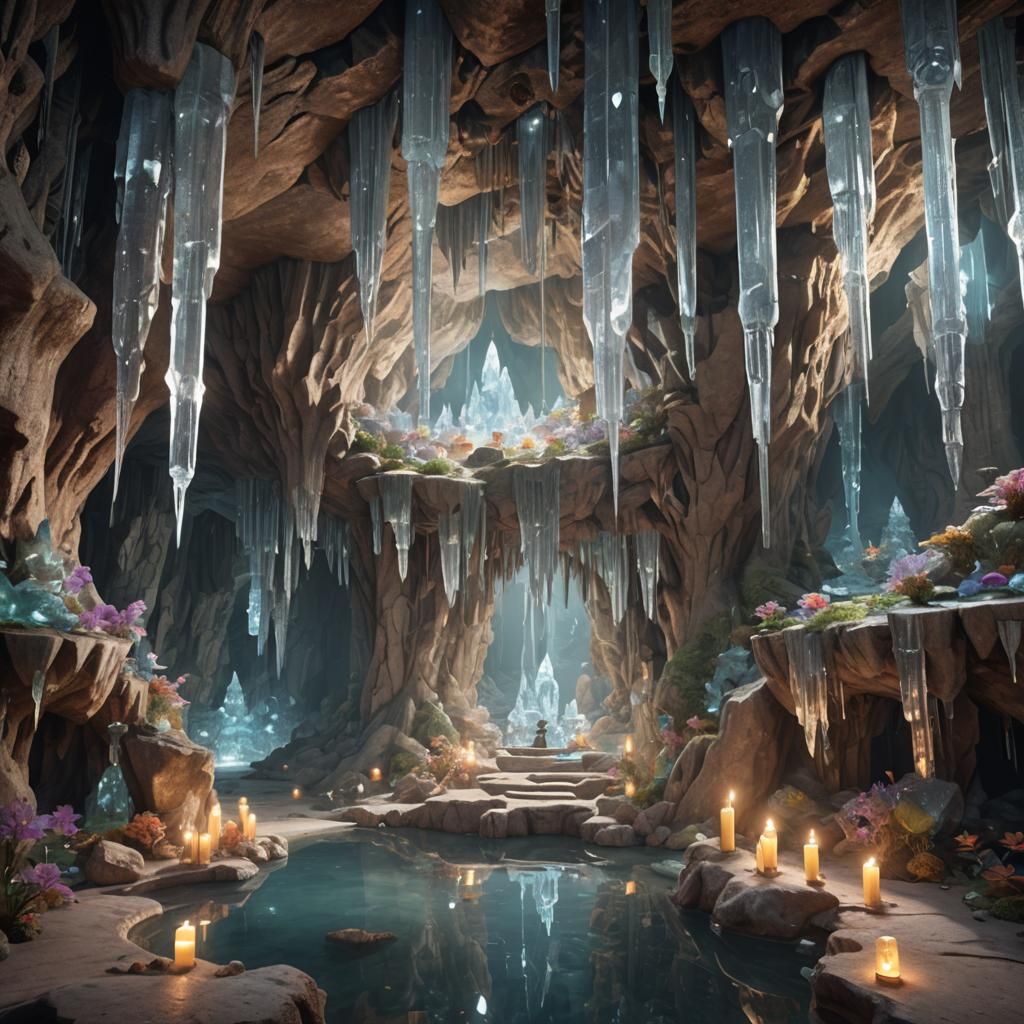 A serene scene depicting an ancient crystal cavern sanctuary with shimmering stalactites, radiant crystals, and tranquil...