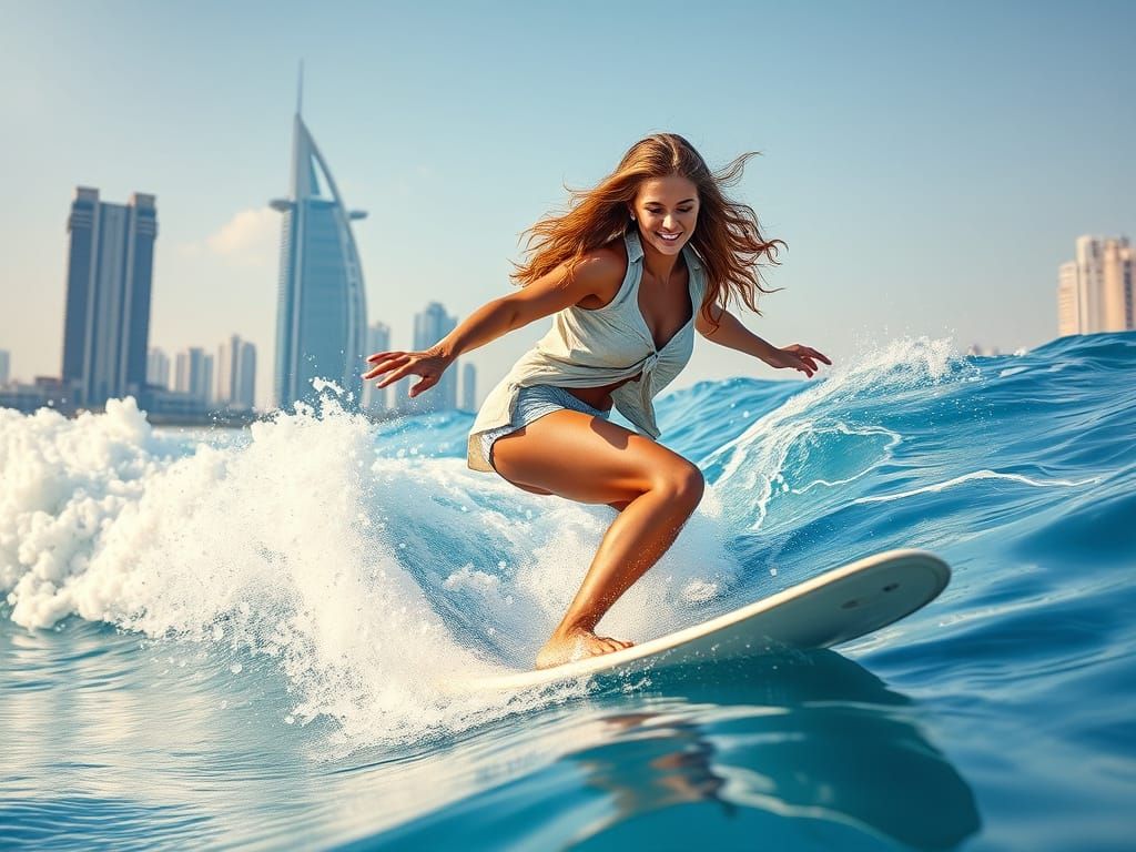 Woman Surfing Mirrored Ocean in Hyperrealistic Style