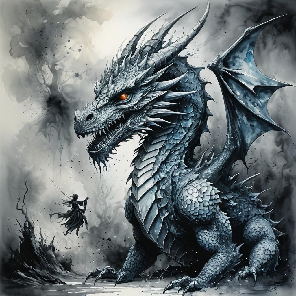 Intricate Dragon in Dark Fantasy Watercolor Art