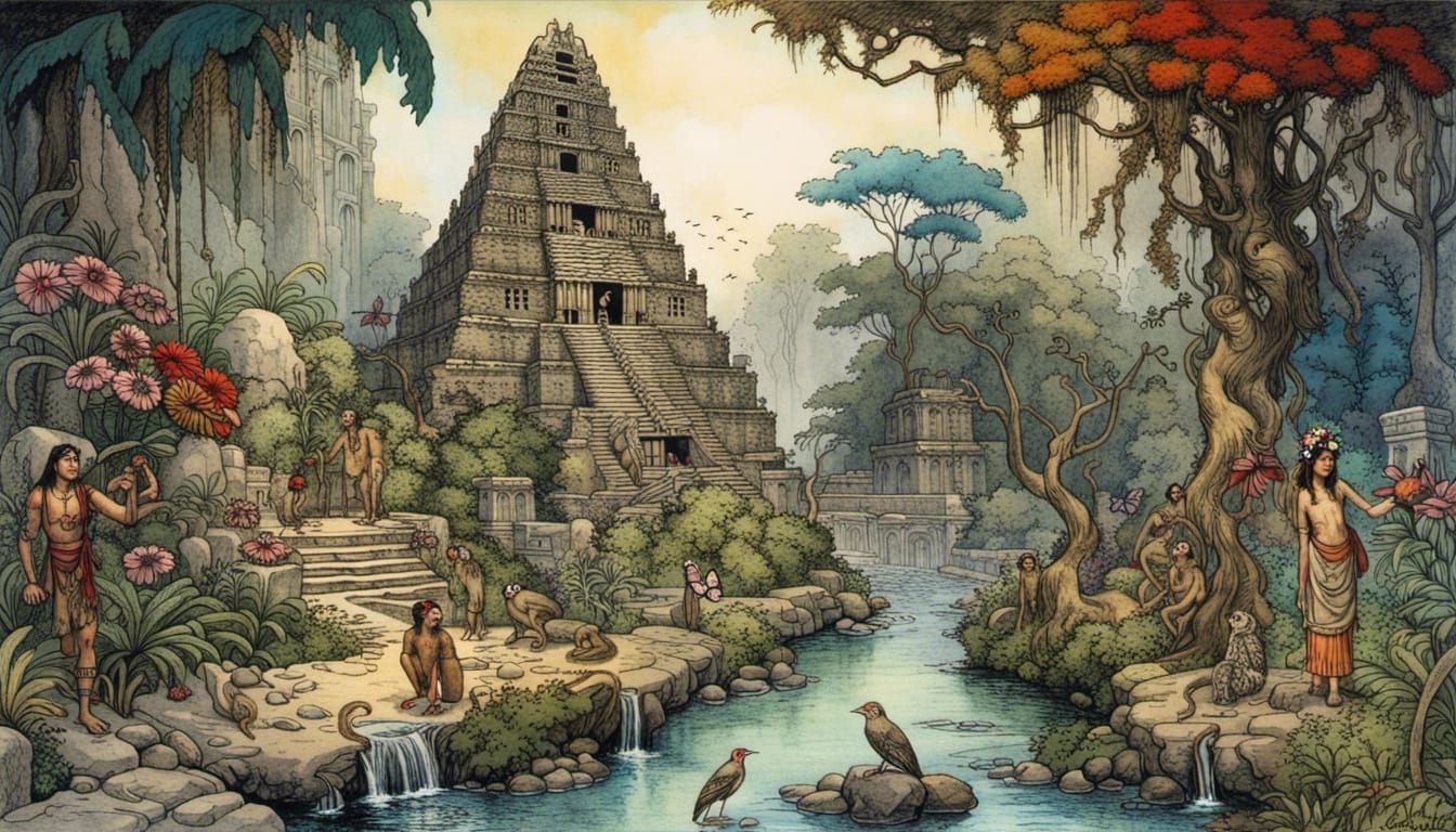 Lush Jungle Village with Mayan Temples in Rackham Style