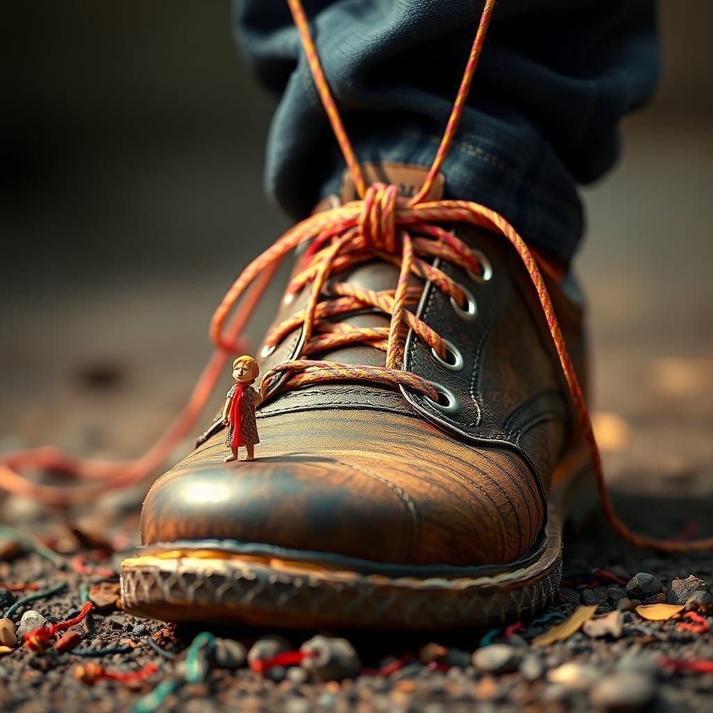 String Figure Tying Giant's Shoe: Airbrush Fantasy Art