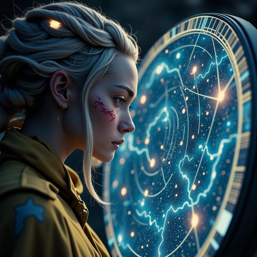 Alien Navigator Stares at Holographic Star Map