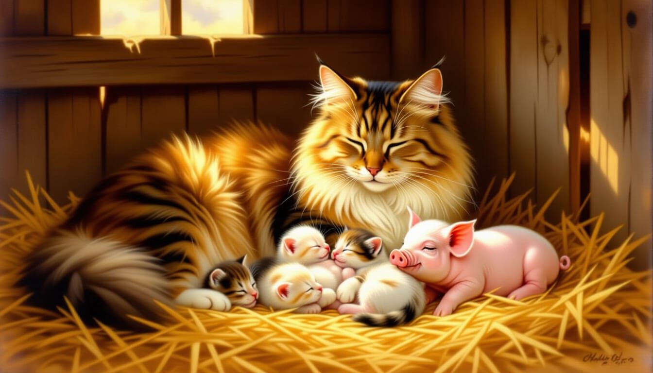 Heartwarming Barn Scene: Mother Cat and Piglet
