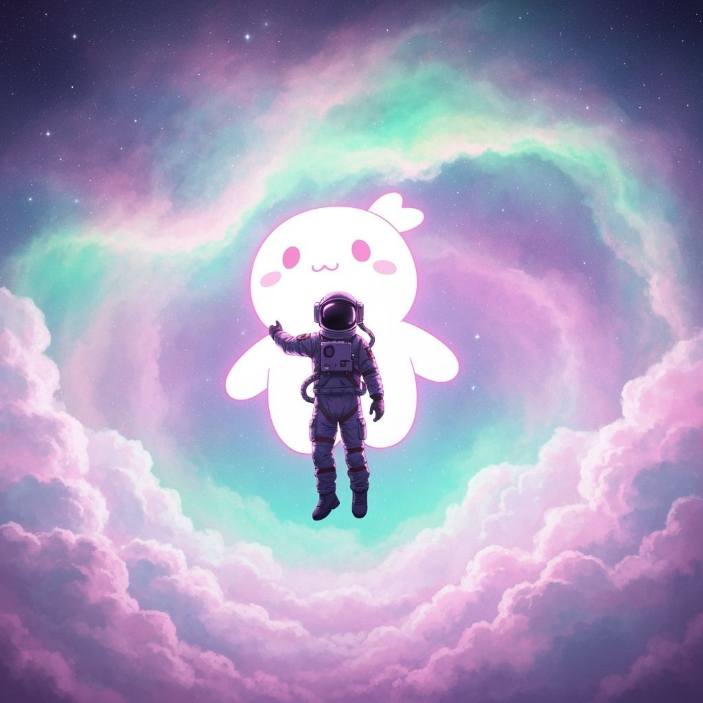 Astronaut Holds Glowing Plushie in Pastel Nebula