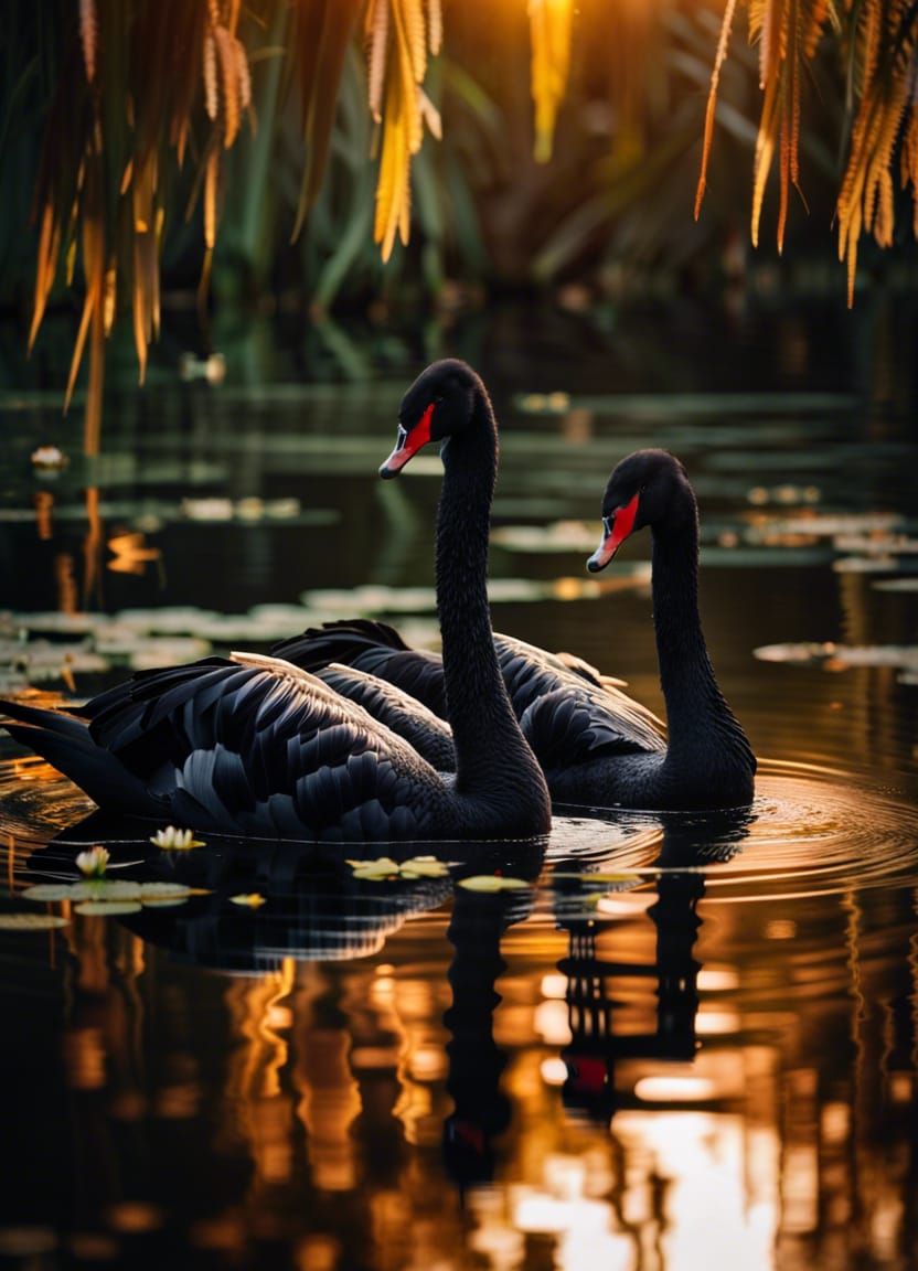Elegant Black Swans in Forest Lake at Golden Hour