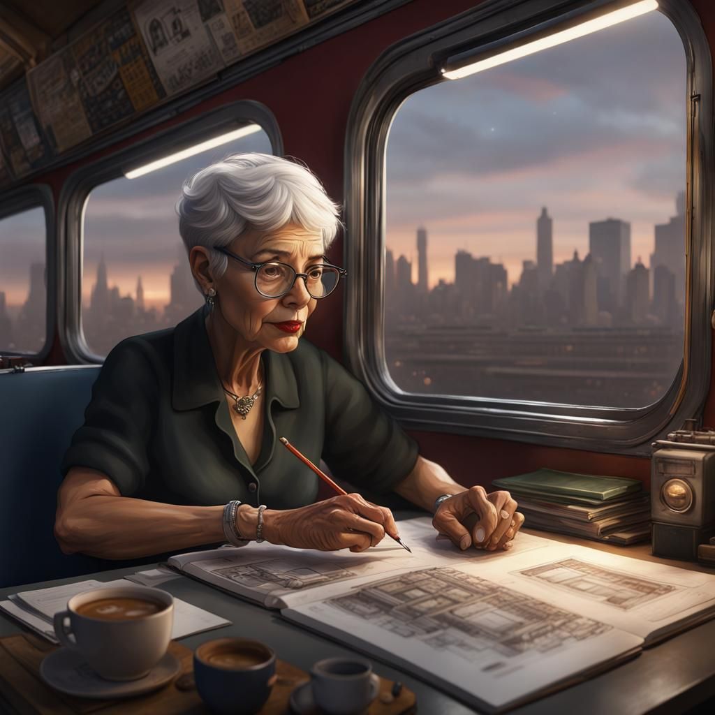 Elderly Woman on Train: Detailed Matte Painting