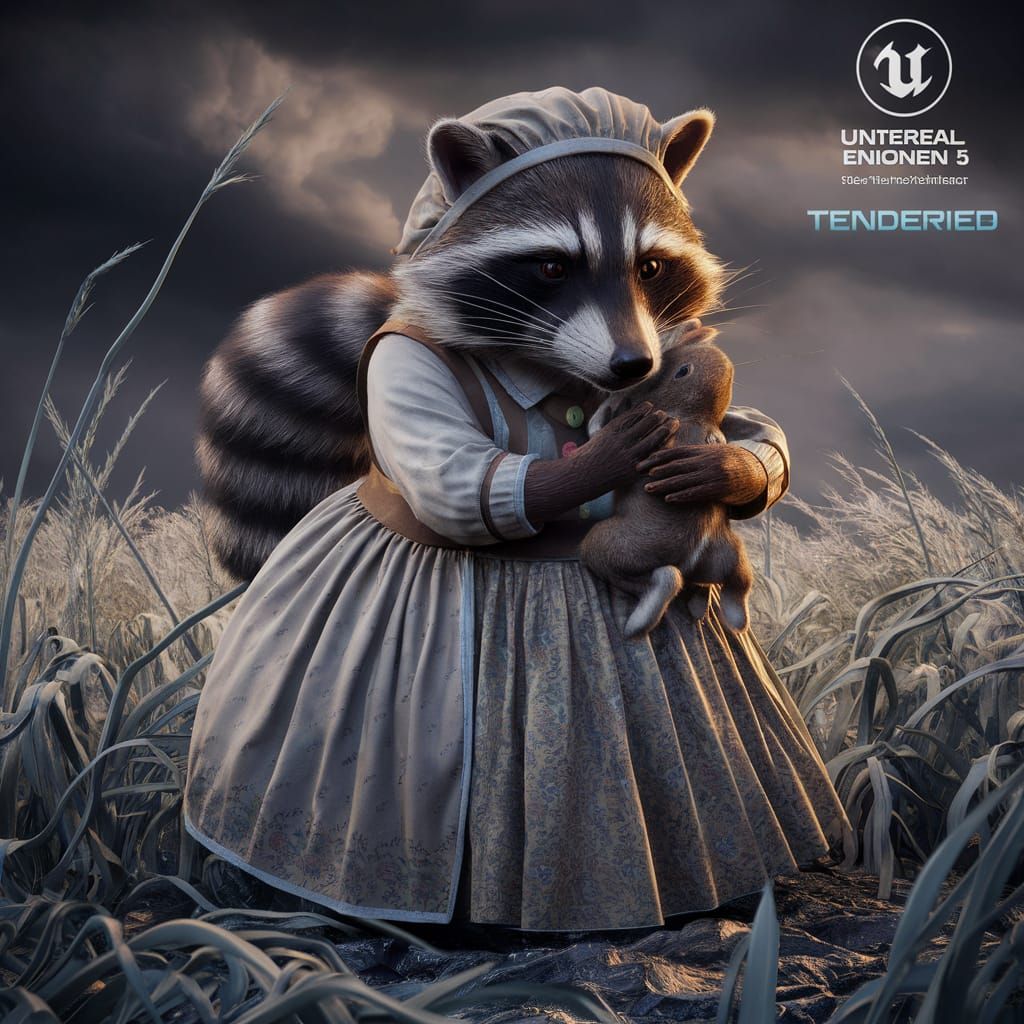 Raccoon Housewife Hugging Rabbit in Stormy Field