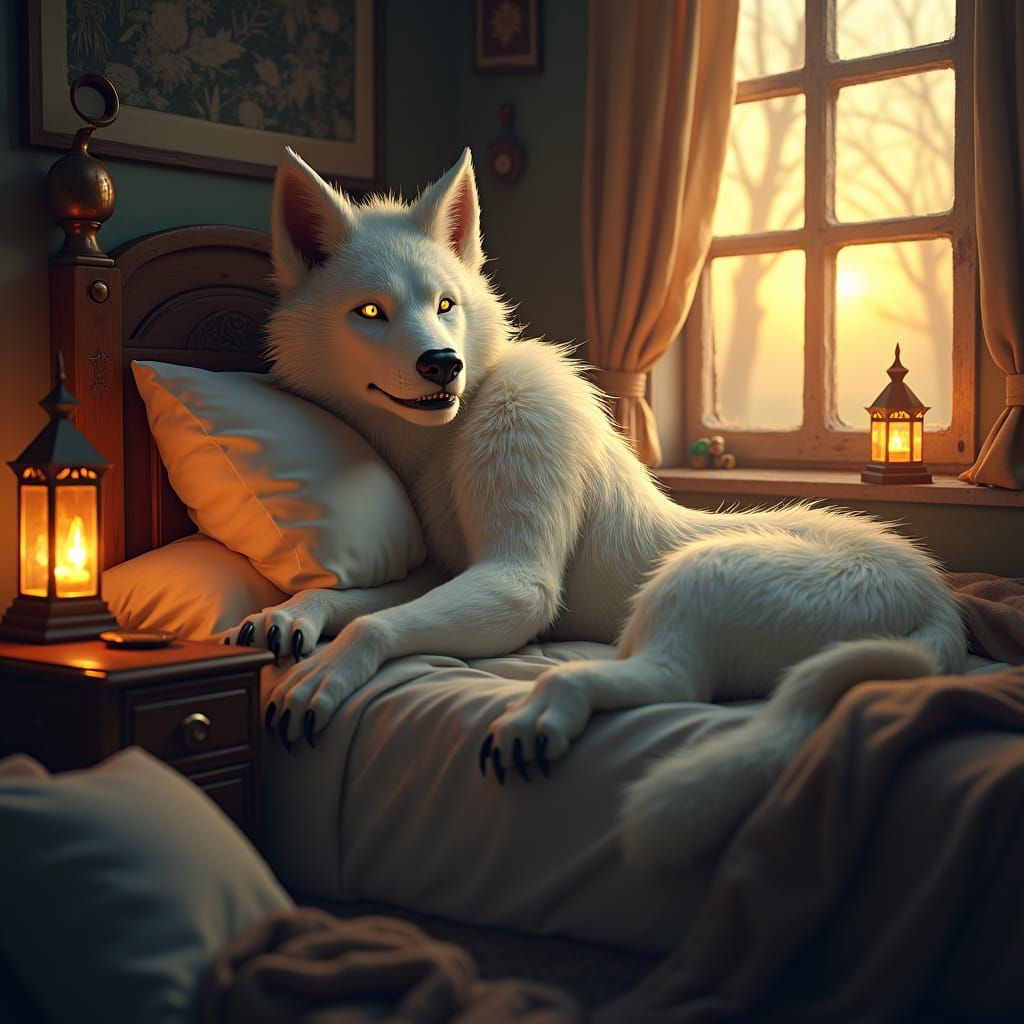 Humanoid Wolf Boy in Cozy Room: Fantasy Concept Art