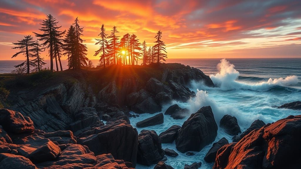 Pacific Northwest Coastal Landscape in Dramatic Sunset