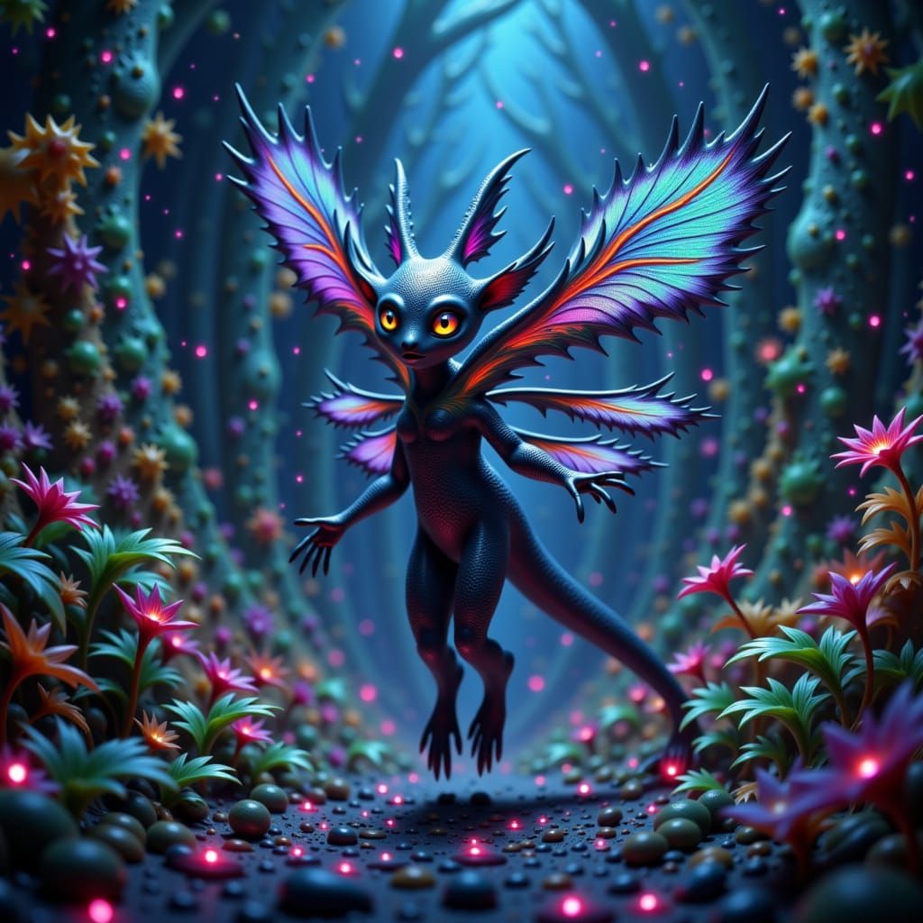 Fantastical Creature in Bioluminescent Forest