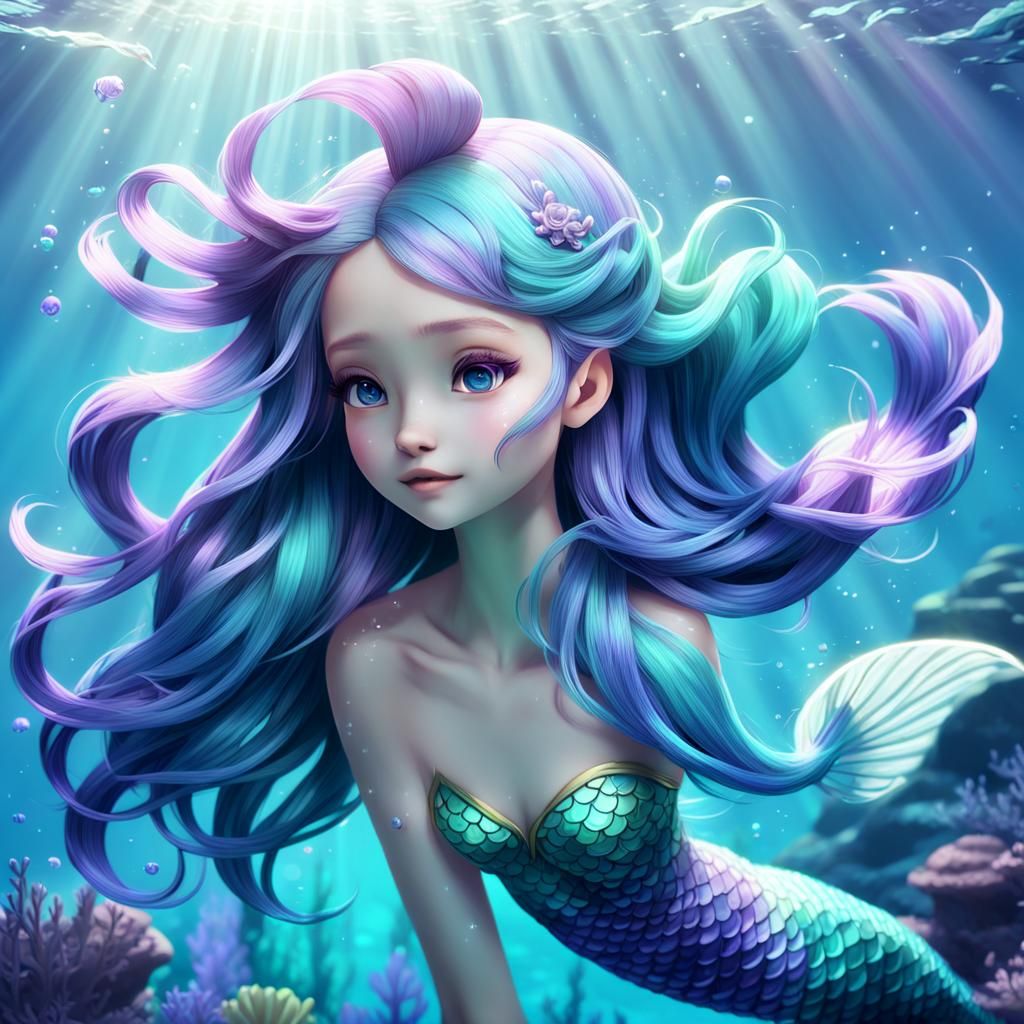 Dreamy Anime Mermaid in Soft Underwater Light
