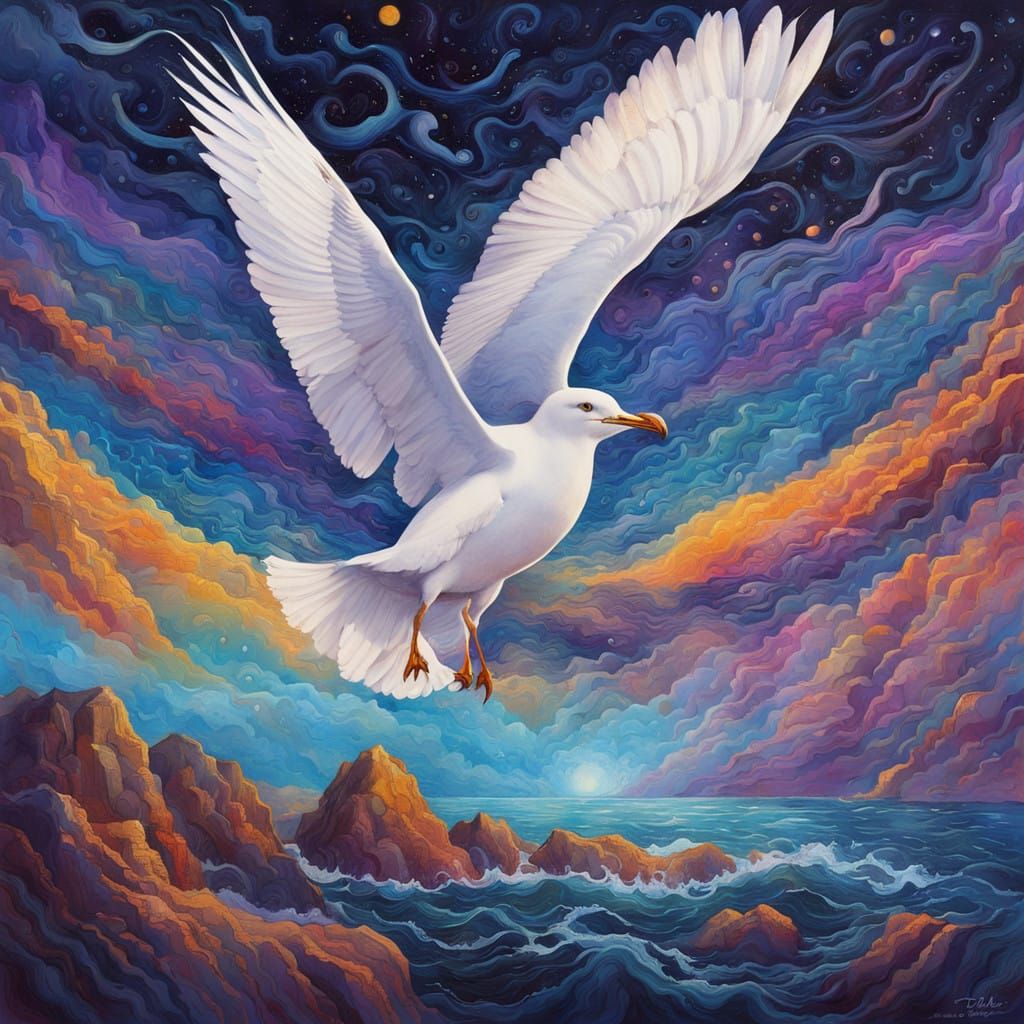 Majestic Seagull Soars Over Rugged Coastline in Celestial Ba...