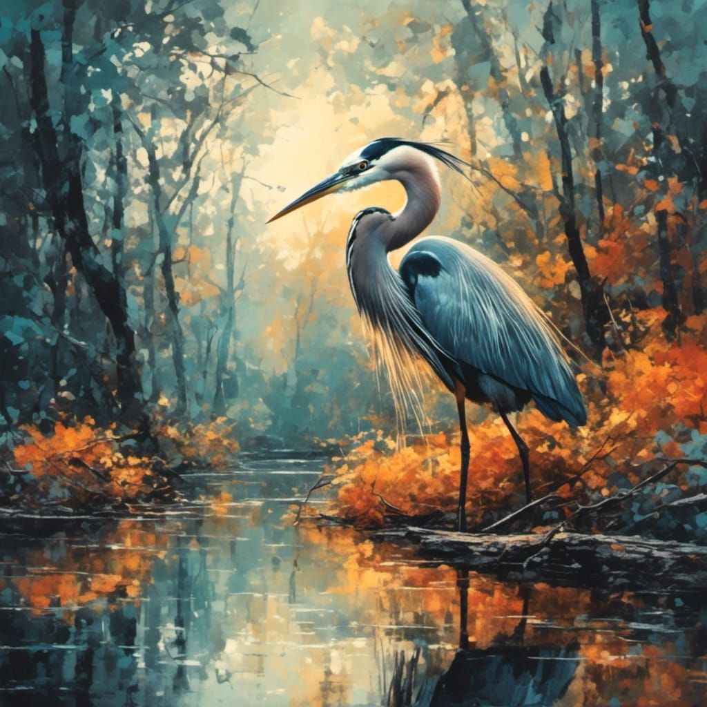 Giant Heron in Park: Oil Gouache Painting
