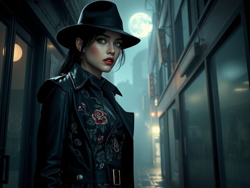 Female Detective Investigates Misty Alley, Surrealism Style
