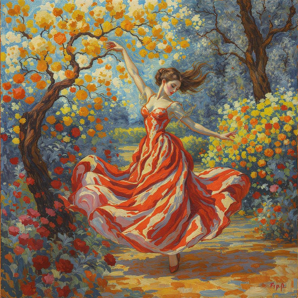 Woman Dancing in Garden, Expressionist Impasto Painting