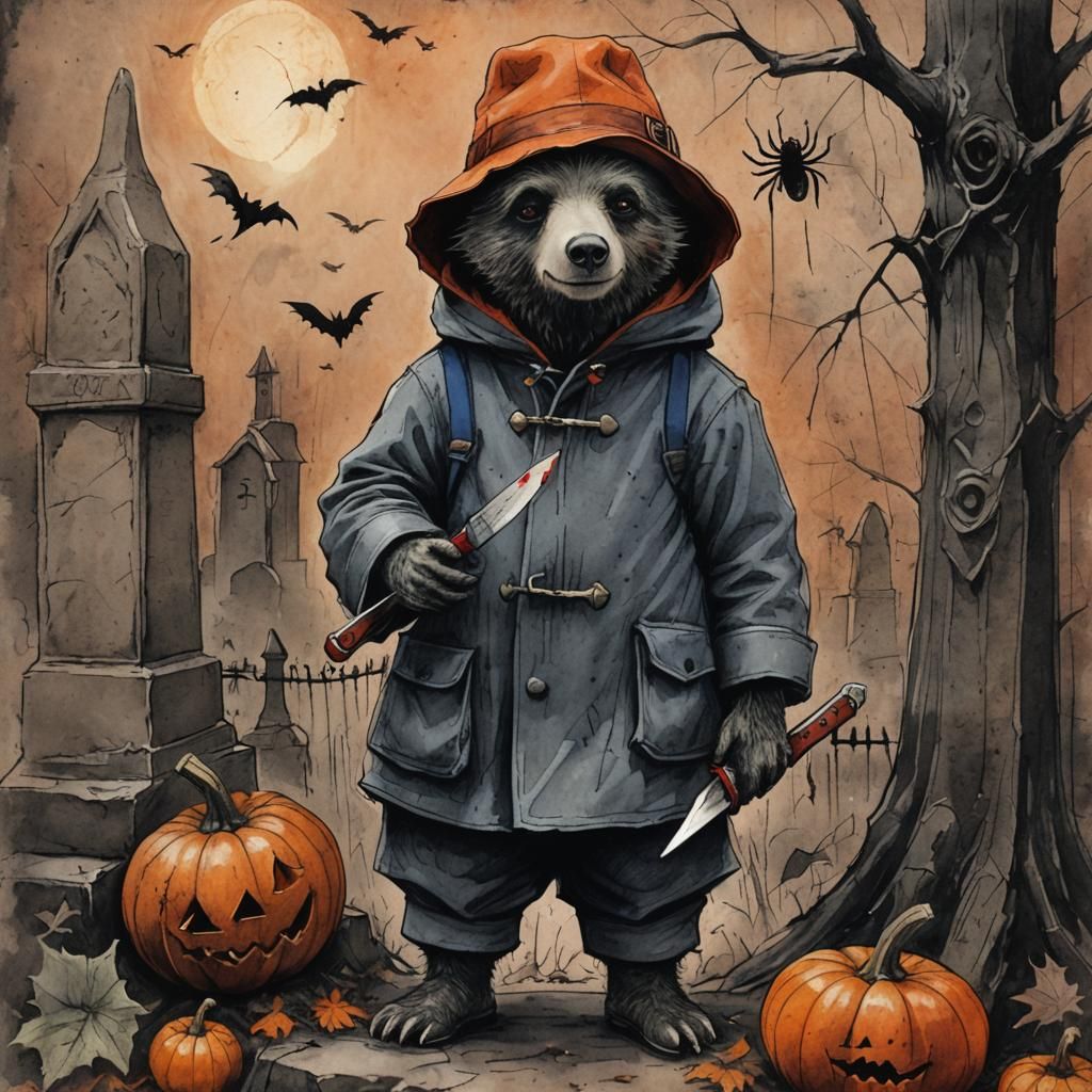dark muted colors crayon sketch of paddington bear in a eeri...