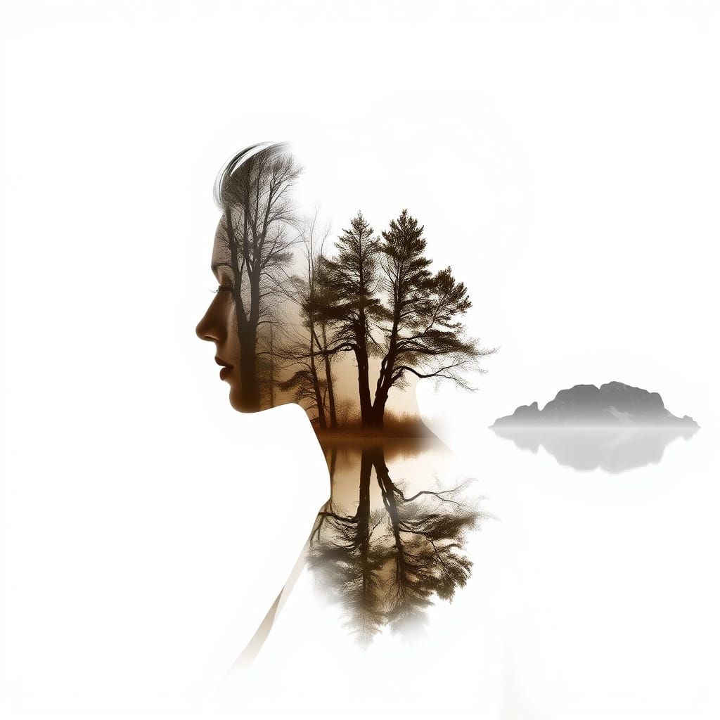 Elegant Woman in Profile with Double Exposed Landscape