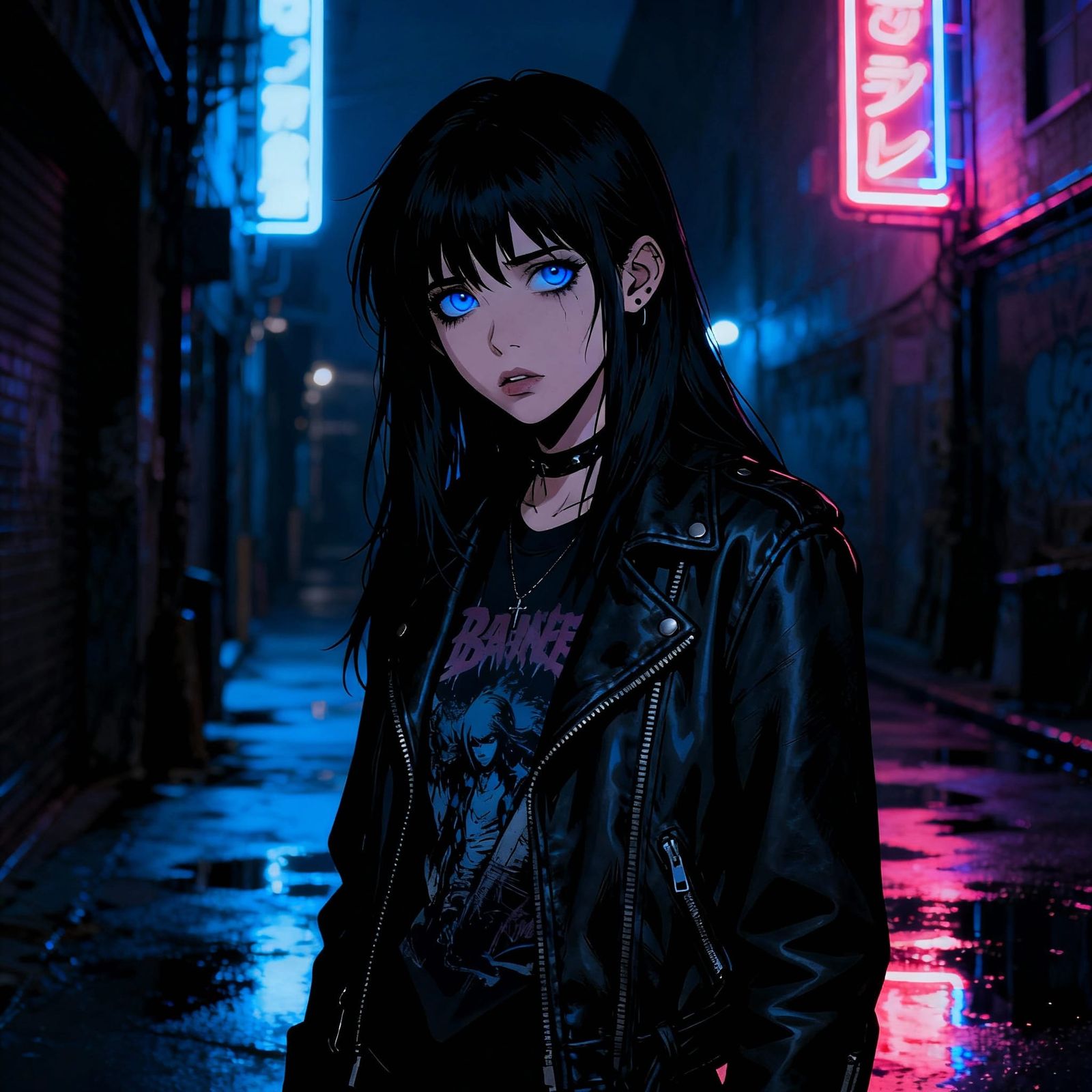 Emo Female in Neon Alleyway, Moody Urban Scene