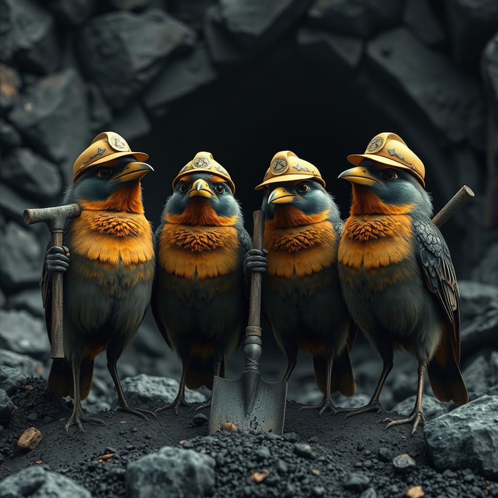 Four Coal-Smeared Songbirds with Miners' Hats