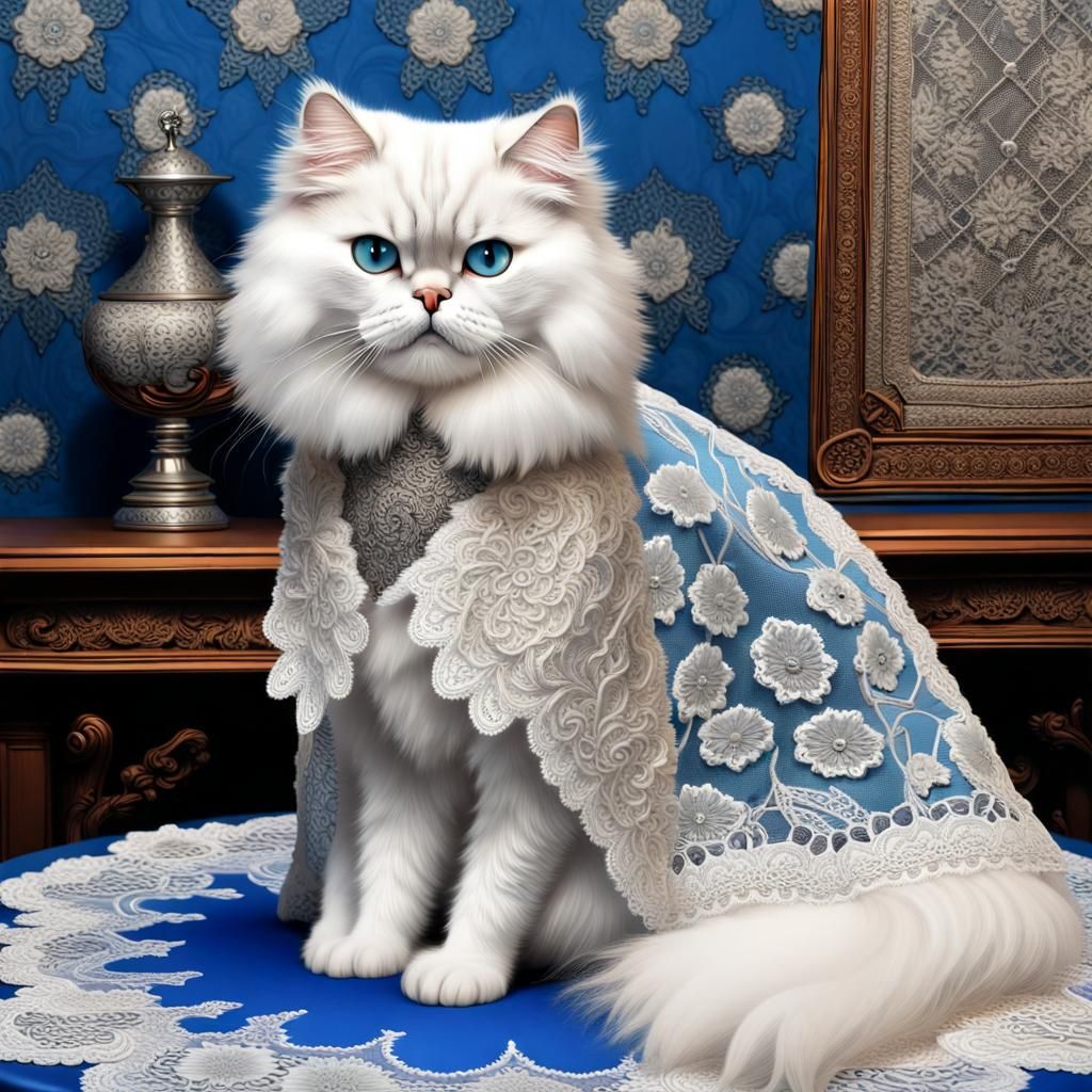 Lace Persian Cat with Blue Eyes in Silver Filigree