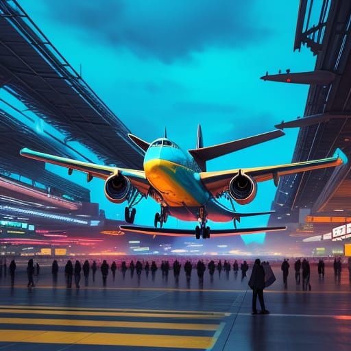 Vibrant Airport Scene in Hyperrealistic Splash Art Style