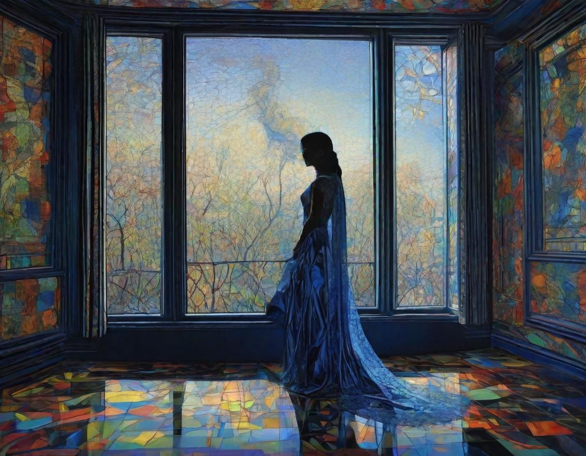 Retrofuturistic Woman at Window in Dark Fantasy Style