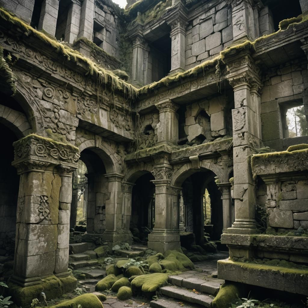High-Contrast Photo of Ancient Ruin with Carvings