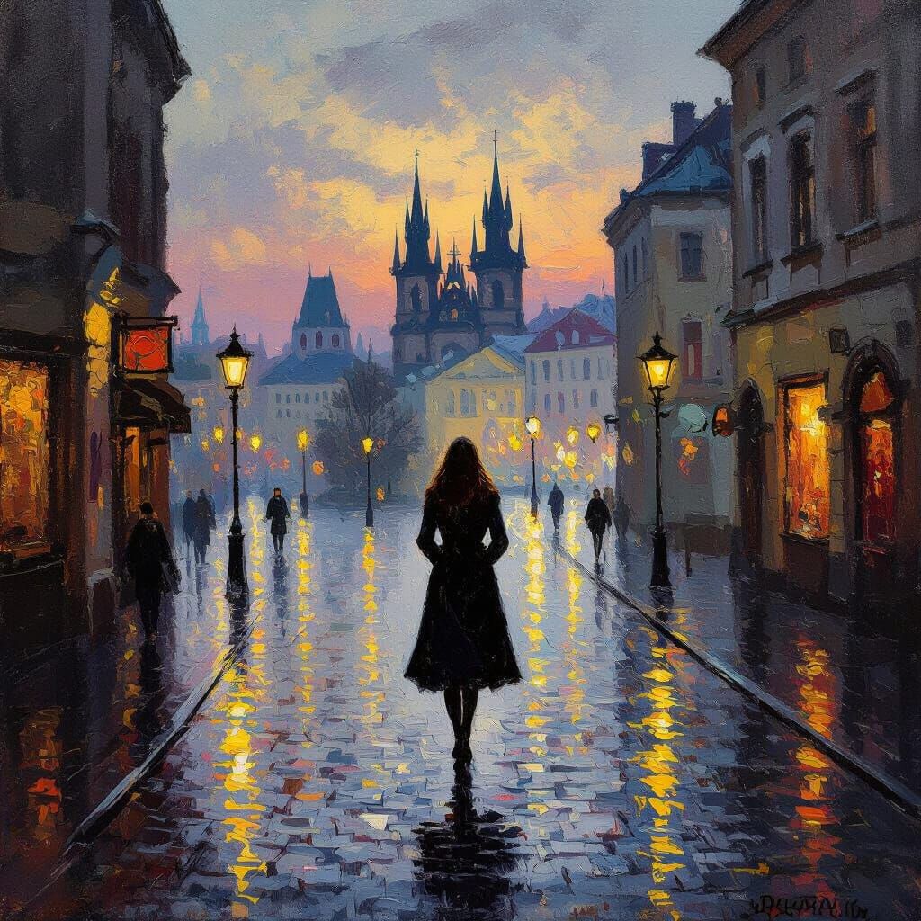 Russian Woman on Cobblestone Street at Dusk, Impressionist S...